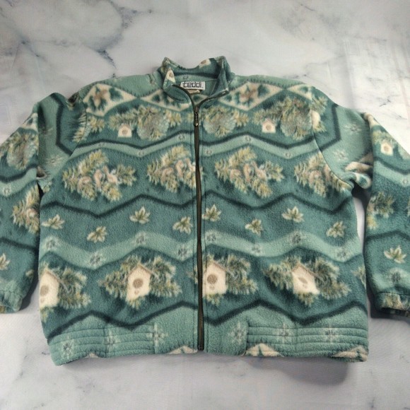 Vintage Teddi Size L Green Floral Jacket sweater full Zipper Pockets - Picture 1 of 8